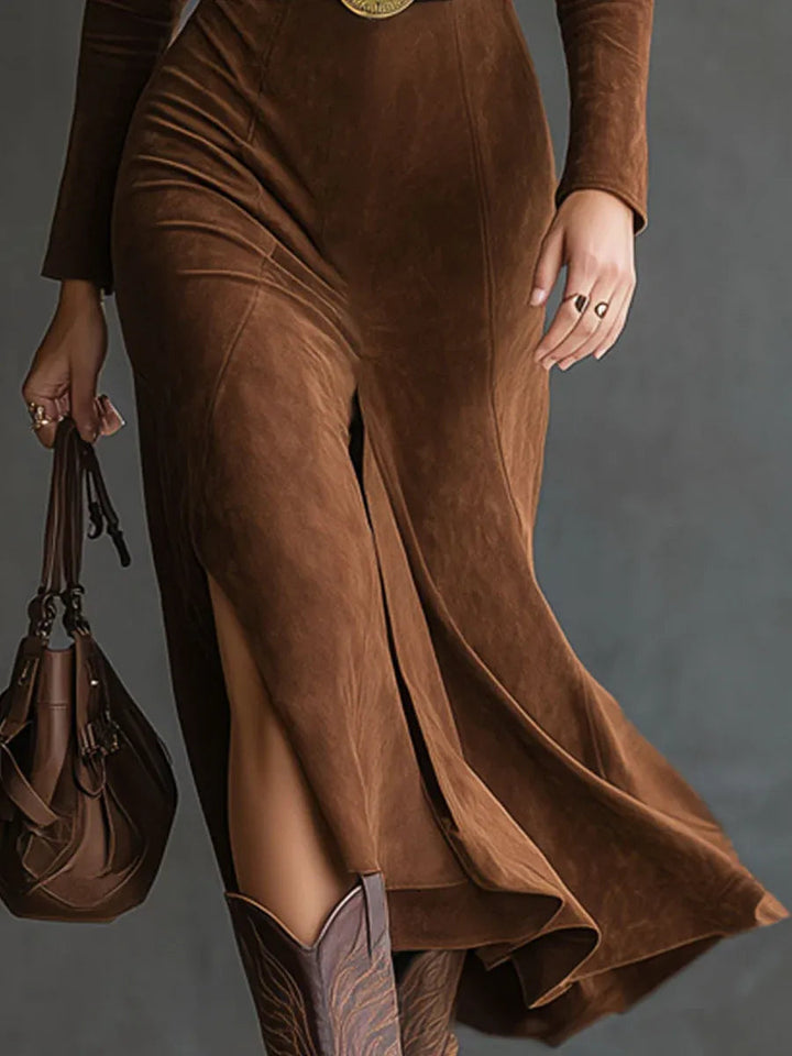 Retro Western Style Lapel Faux Suede Slit Midi Dress