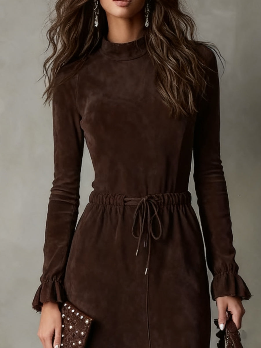 Elegant Dark Brown Suede Drawstring Irregular Midi Dress